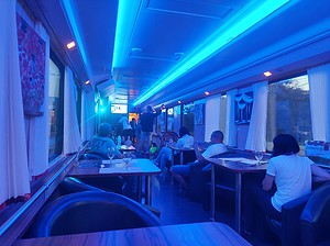 Party Carriage WGmeer: One of the customization options with blue lights and tables