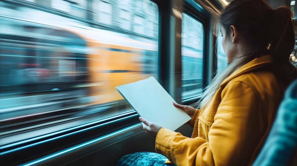 Woman in train reading document with blurred background showing passing scenery.